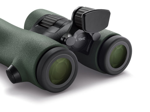 Swarovski NL Pure binoculars pictured with a headrest protruding from the bridge of the binocular above the diopter.