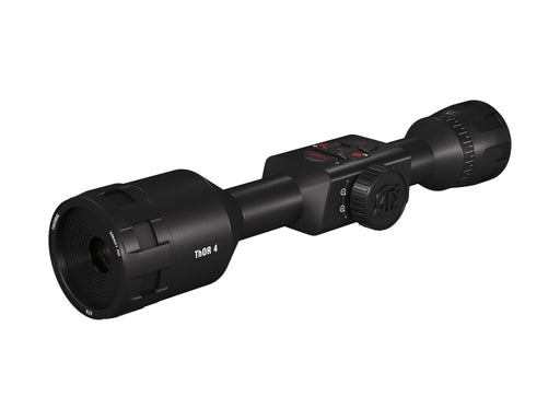 The ATN ThOR 4 384 1.25-5x Riflescope is pictured with the objective lens toward the viewer and ergonomic controls viewable on the top of the optic where the elevation knob would be on a traditional day scope.